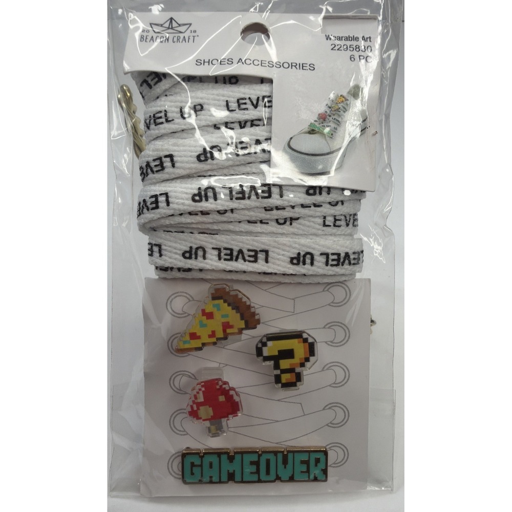 Beacon Craft retro video game-themed shoelace and shoe charm accessory set.